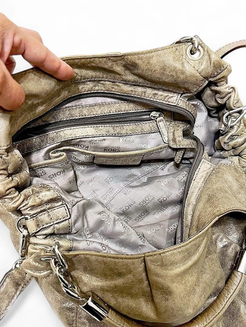 Michael Kors Metallic Taupe Leather Hobo Bag
